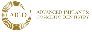 AICD logo for Advanced Implant & Cosmetic Dentistry, featuring gold text and circular design, emphasizing dental services and privacy commitment.